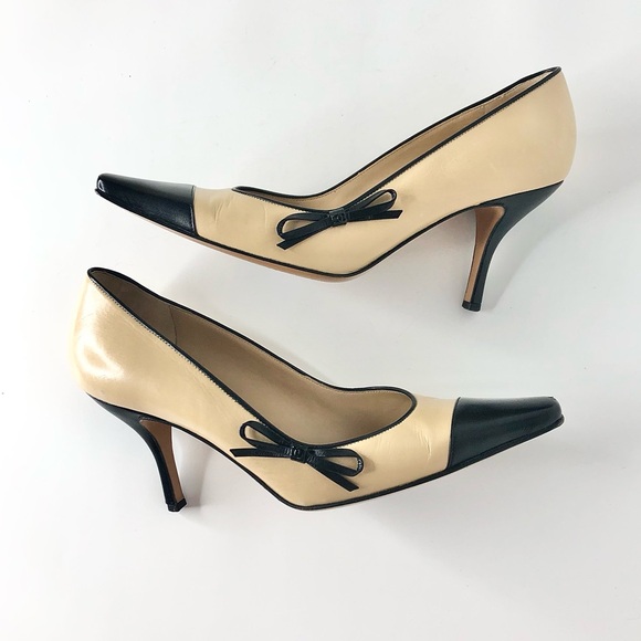 Chanel Retro Vintage Interlocking CC Bow Cap Toe Heeled Pumps 36.5 - Picture 5 of 10